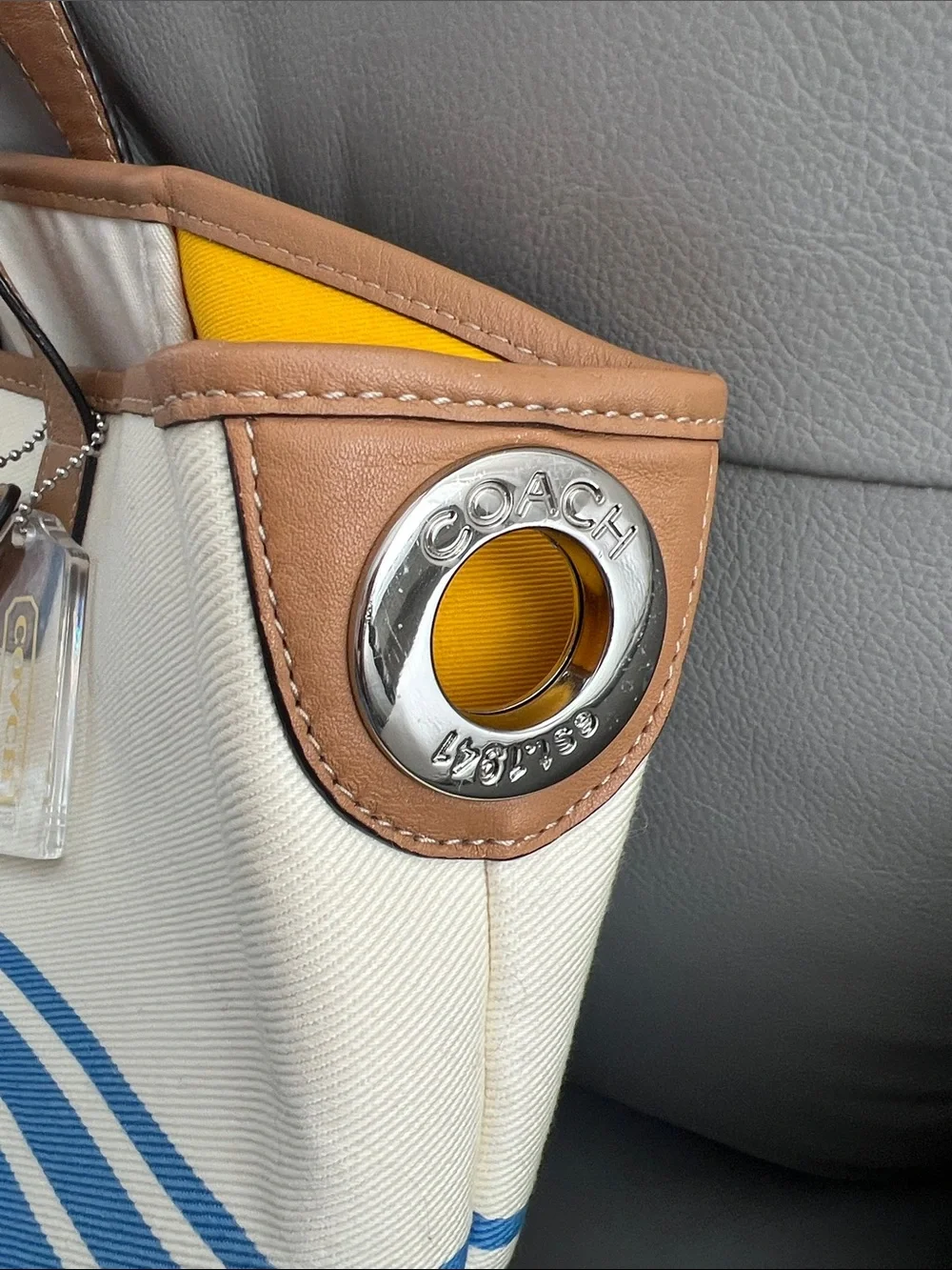 Coach Hadley Variegated Canvas Stripe Tote in Cream, Blue & Brown Leather